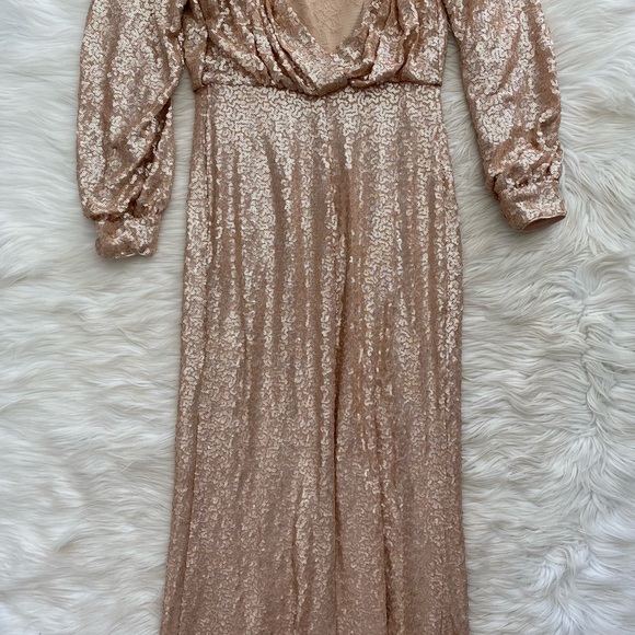 Tadashi Shoji Champagne Gold Sequin Long Sleeve Evening Dress Gown - Picture 10 of 15